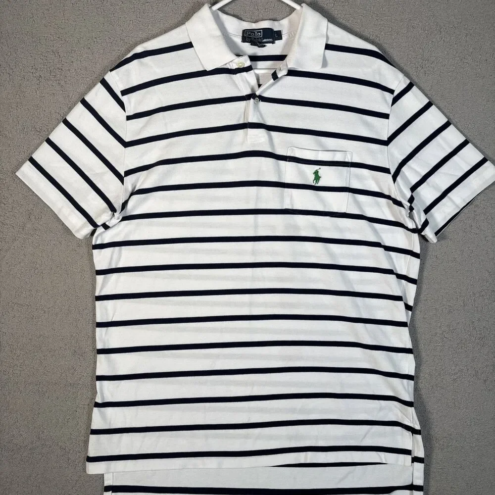 Polo By Ralph Lauren Polo Shirt Men’s Size L White Navy Blue Stripes Green‎ Pony
